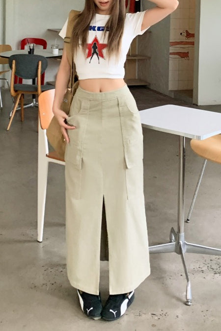 High Waist Cargo Pocket Front Slit Straight Maxi Skirt