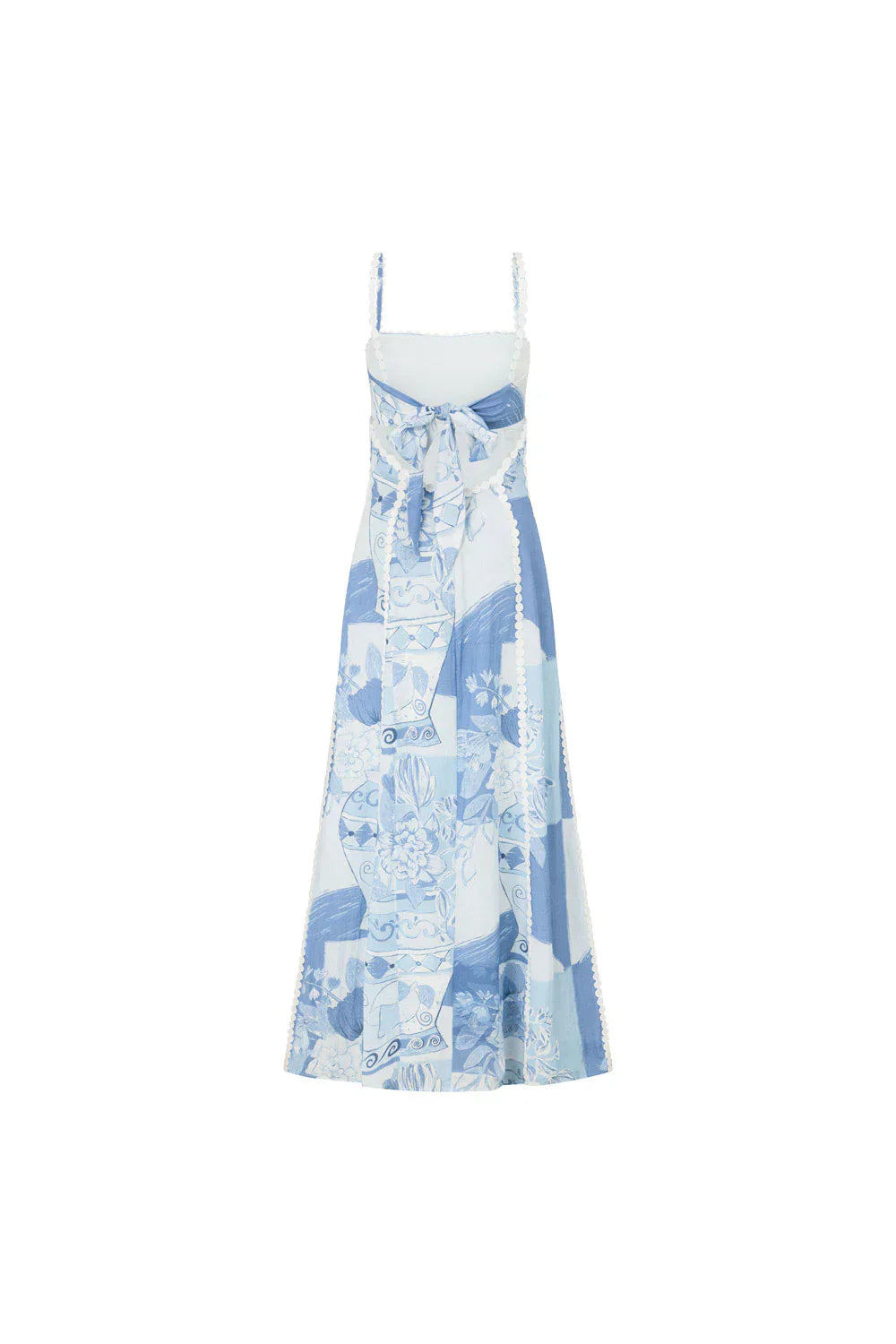 Square Neck Lace Trim Vase Print Spaghetti Strap Maxi Dress