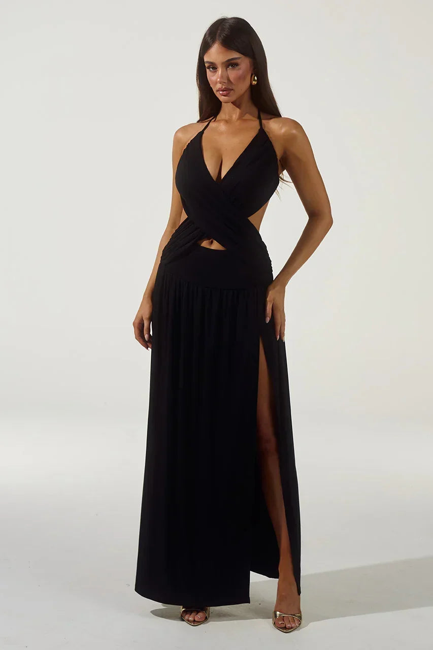 Halter Neck Cross Front Cut Out Open Back High Split Maxi Dress