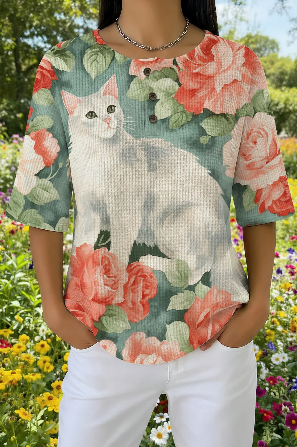 Womens White Floral White Cat Print Casual Shirt