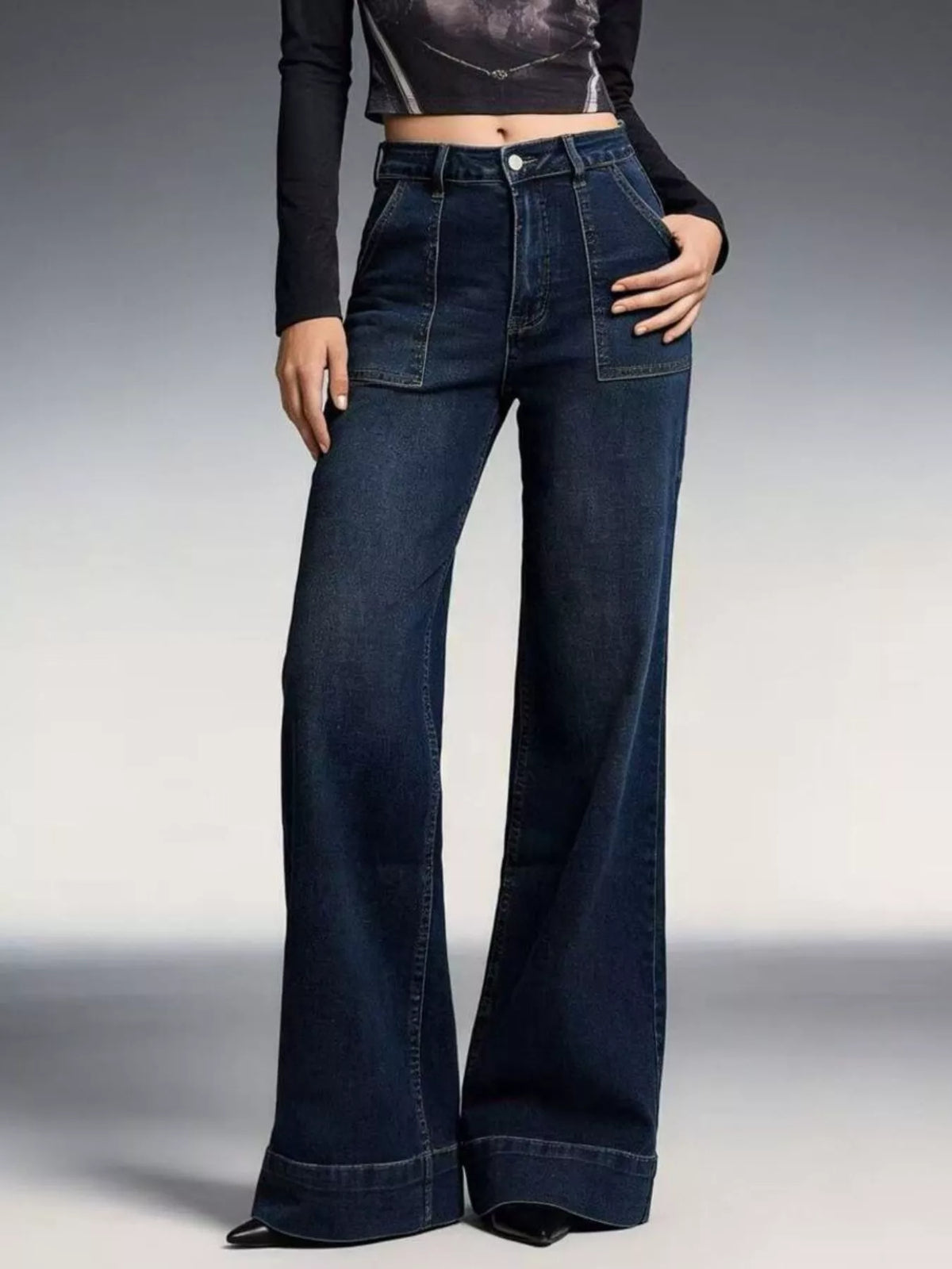 High Waist Patch Pocket Wide Cuff Hem Wide Leg Jeans
