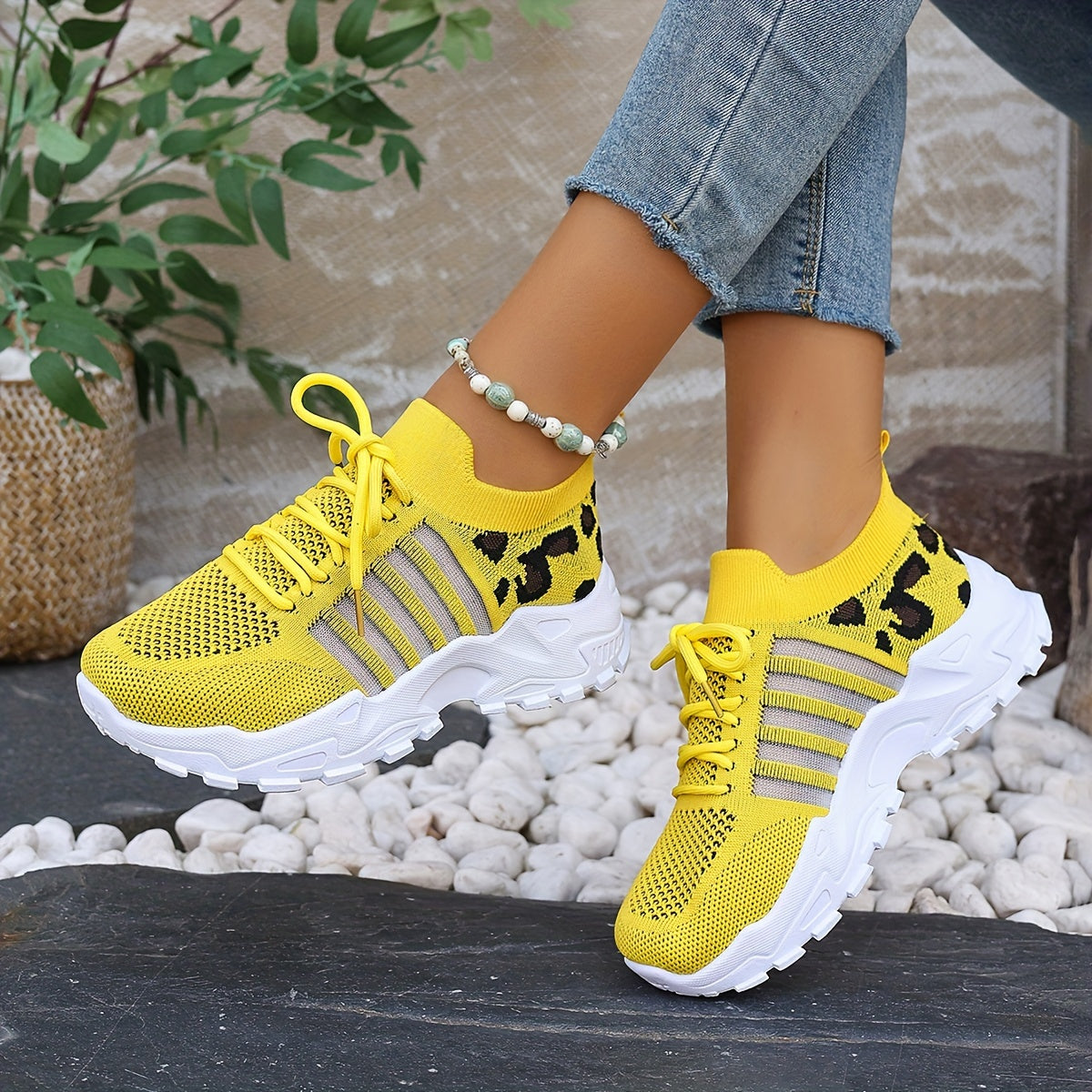 Lace Up Leopard Print Knit Chunky Sneakers