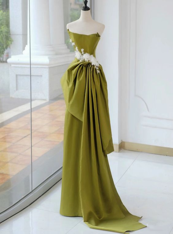 Chic Green Satin Strapless Appliques Prom Dress Long Party Evening Gown cc1545