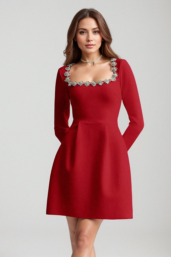 Elegant White Square Neck Long Sleeve Pearl Trim Slim Cocktail Dress 2