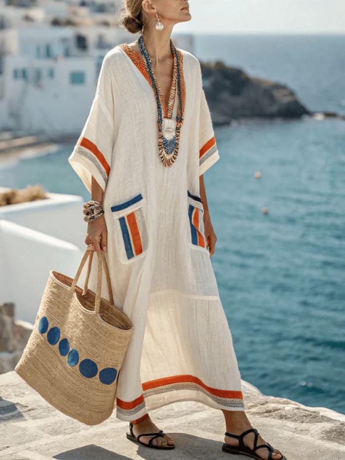 V-Neck Half Sleeve Striped Trim Kaftan Beach Cover Up