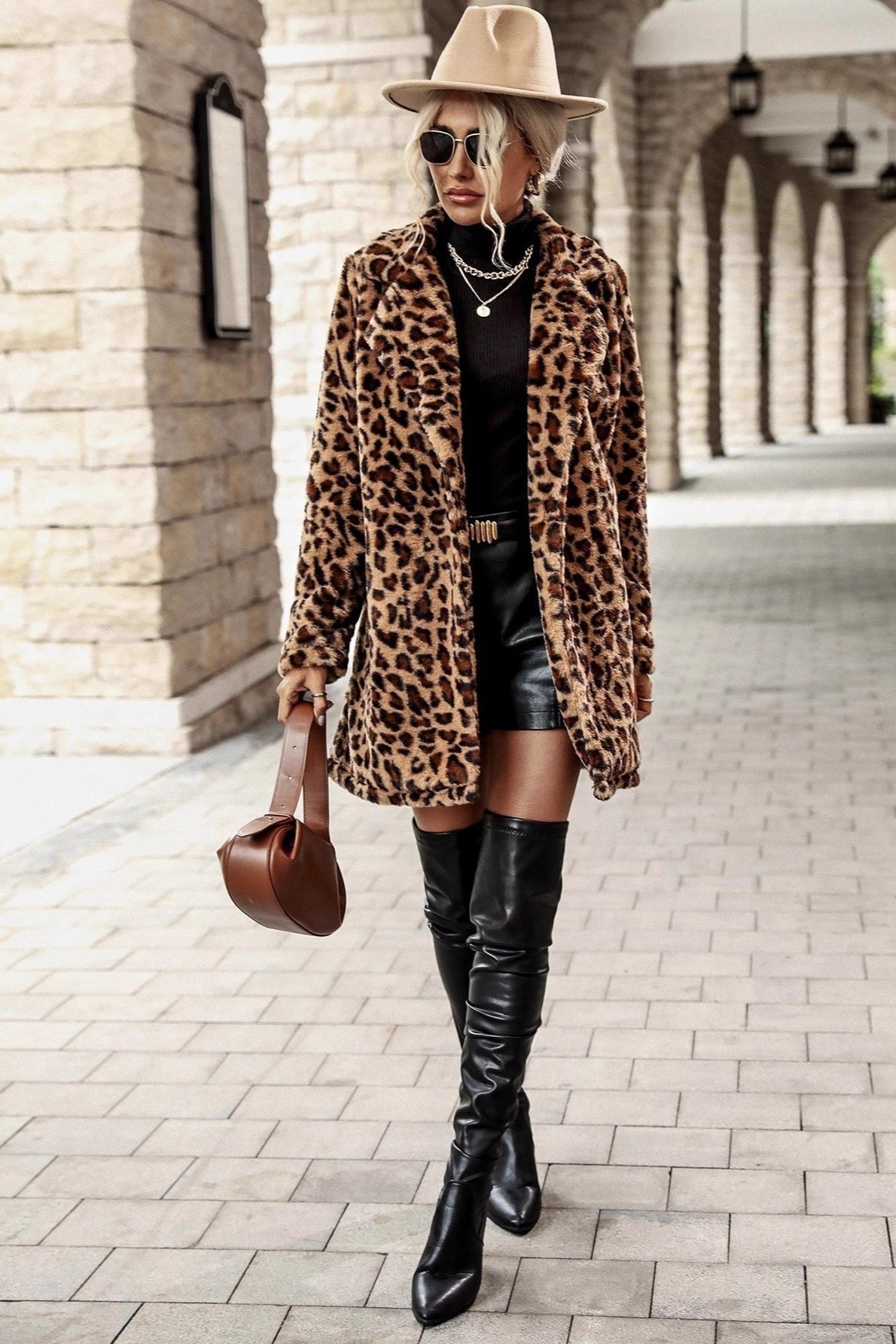 Leopard Print Faux Fur Notch Lapel Longline Coat 4