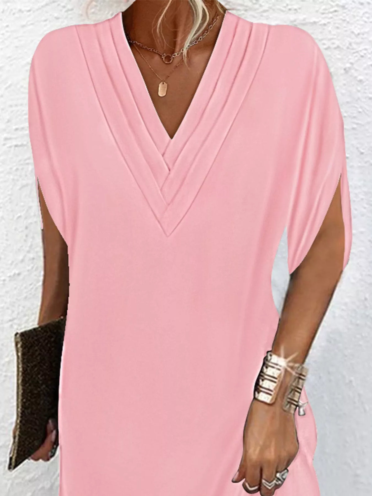 Pleated V-Neck Split Sleeve Relaxed Shift Mini Dress 16