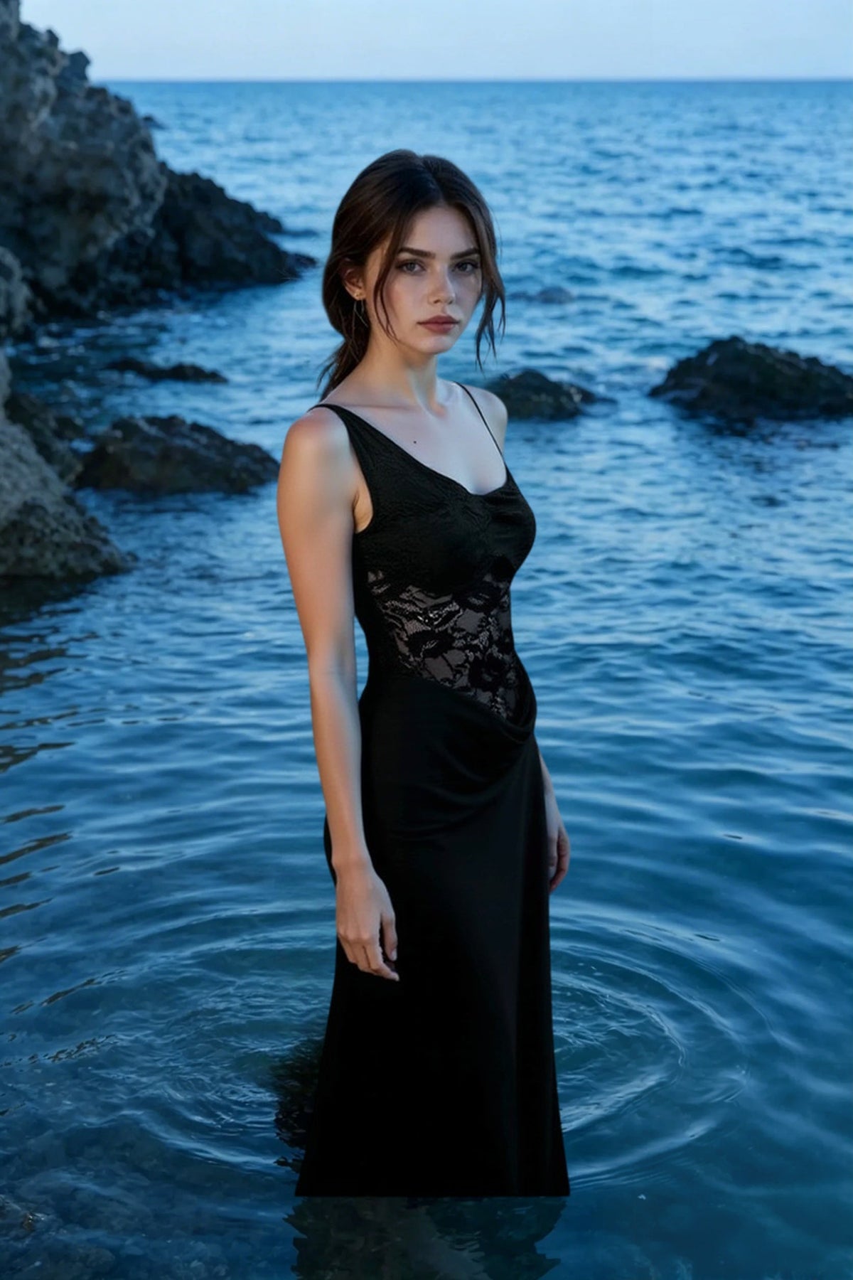 Sleeveless V-Neck Sheer Lace Waist Panel Maxi Dress