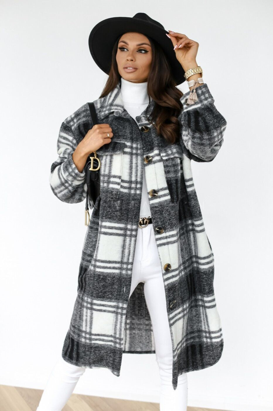 Plaid Button Front Flap Pocket Longline Shirt Coat 11