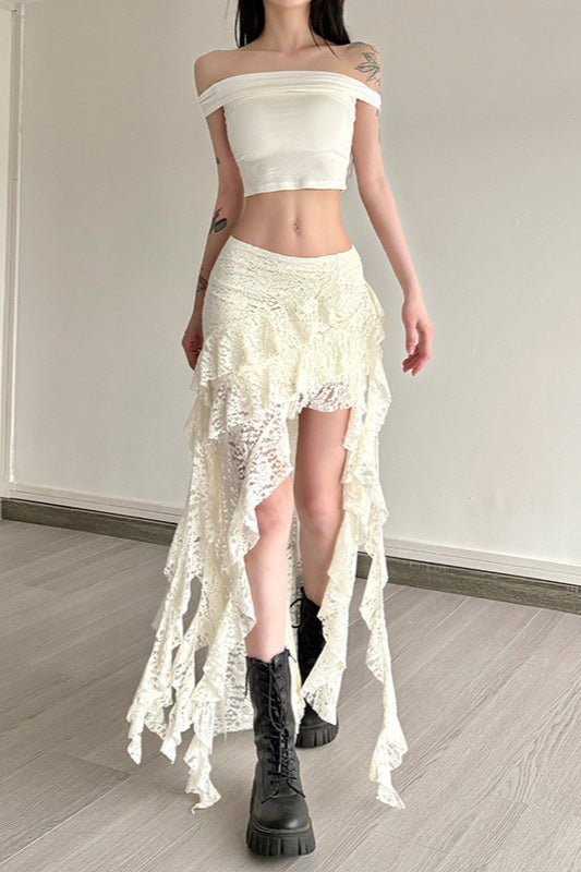 Lace Overlay Wave Detail Bodycon Skirt
