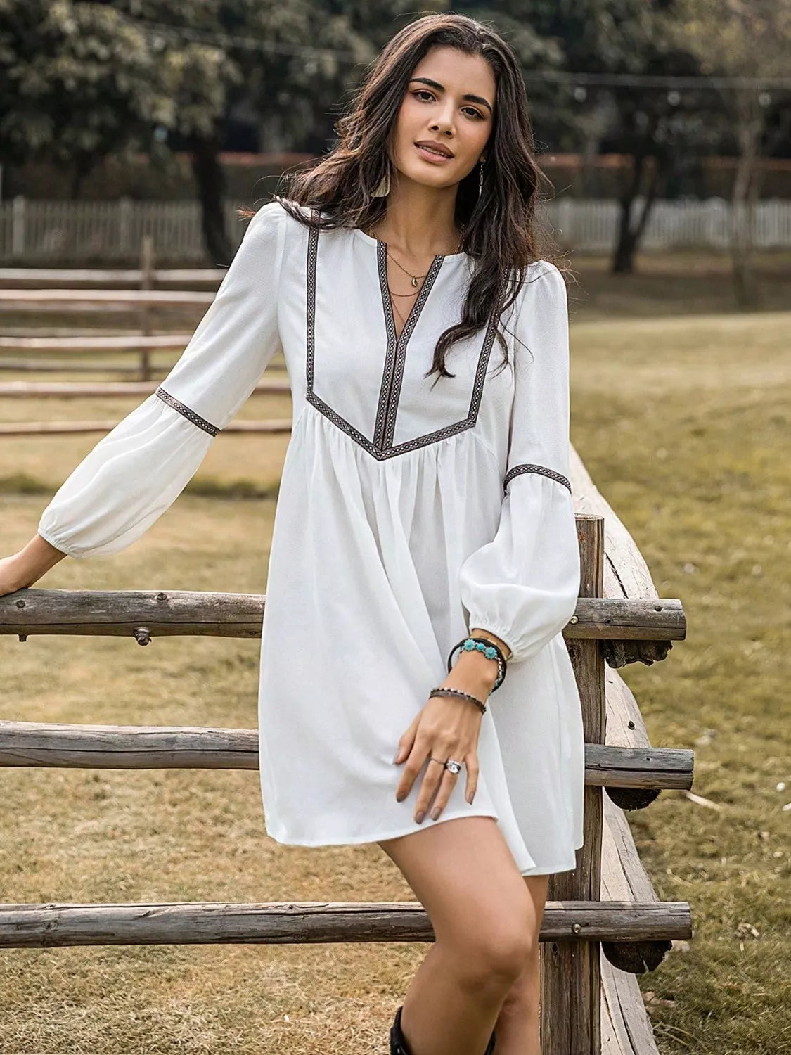 Embroidered Tape Trim Notch Neck Long Sleeve Smock Mini Dress 4