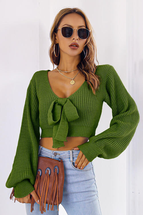 V-Neck Tie Front Lantern Sleeve Ribbed Knit Cropped Sweater 10