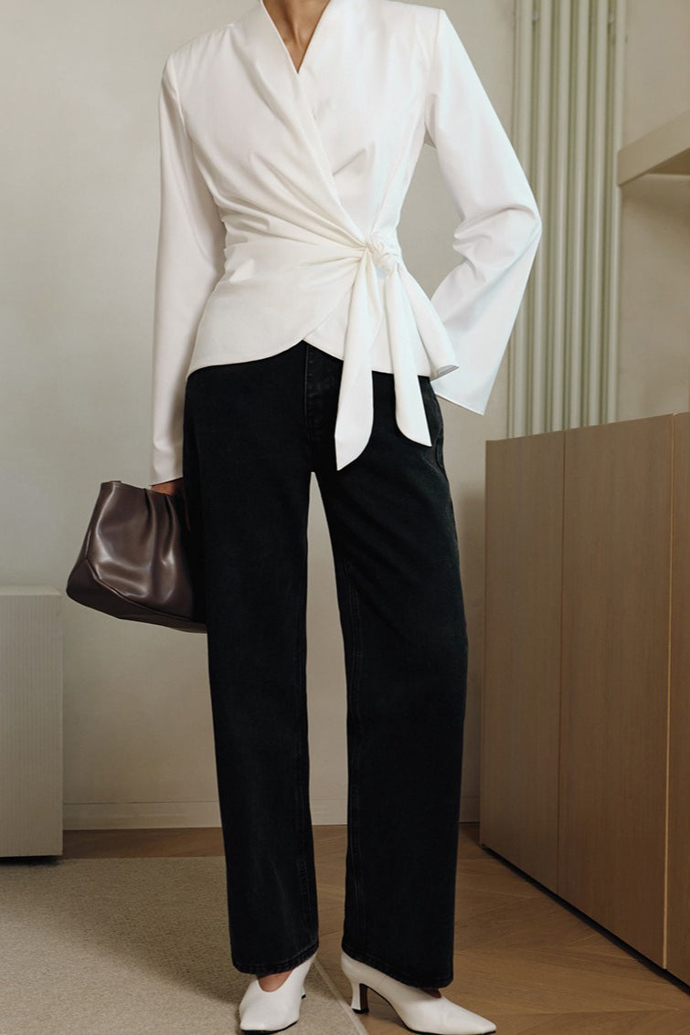 V-Neck Wrap Front Side Tie Long Sleeve Blouse 3