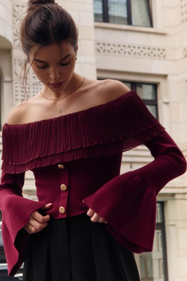 Off Shoulder Buttoned Knit Sweater