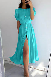 Chic and Classy Vibe Puff Sleeve Pearl Button Slit Midi Dress - View 5