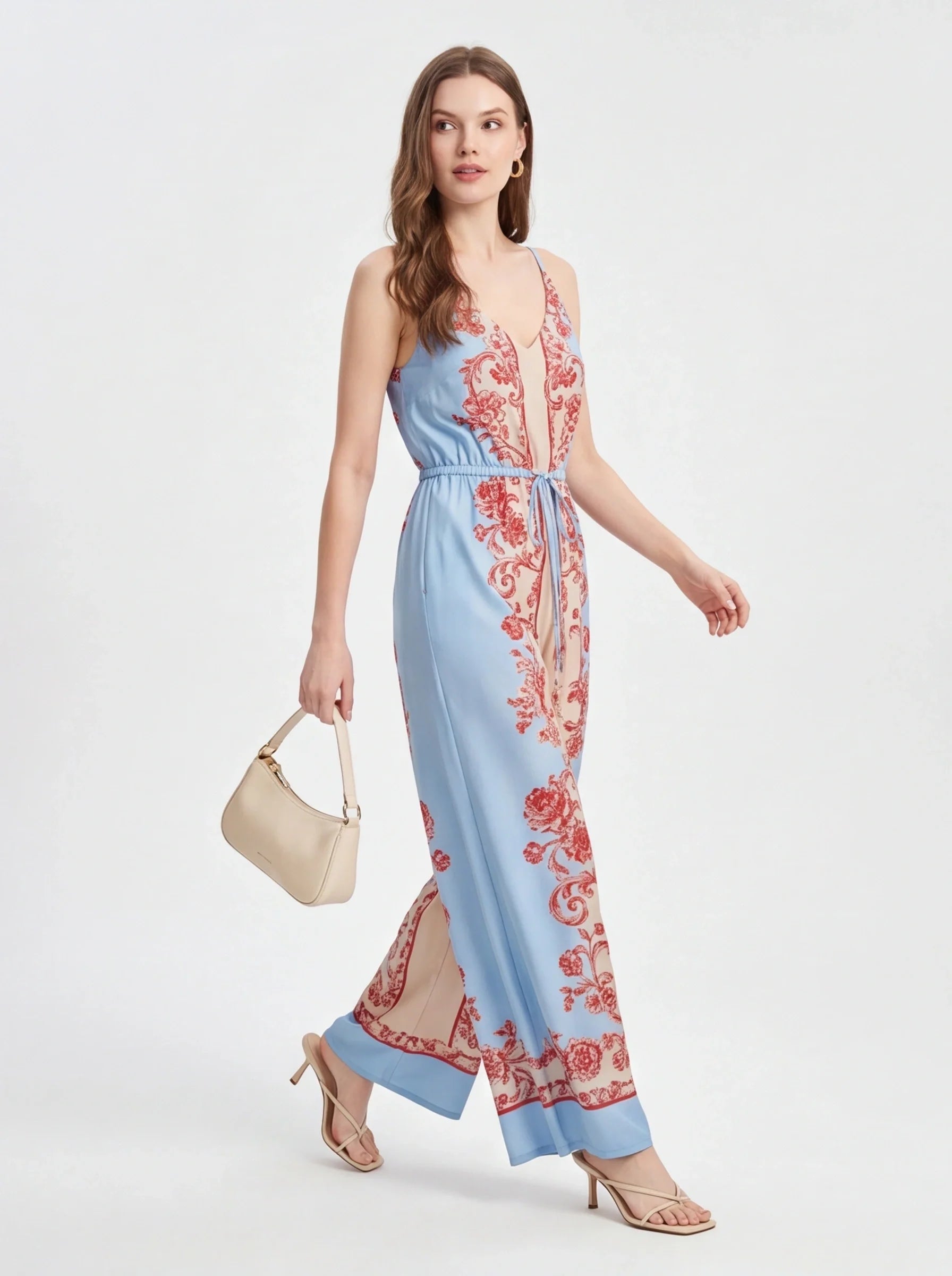 Elegant Floral Print Wide-Leg Jumpsuit with Adjustable Straps - Jamota