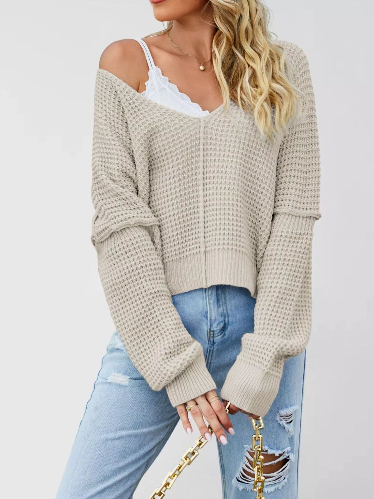 V-Neck Waffle Knit Drop Shoulder Exposed Seam Long Sleeve Sweater 4