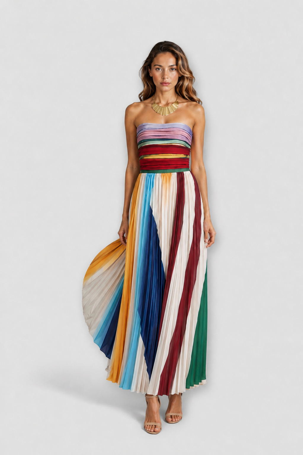 Striped Pleated Strapless Flowy Maxi Dress