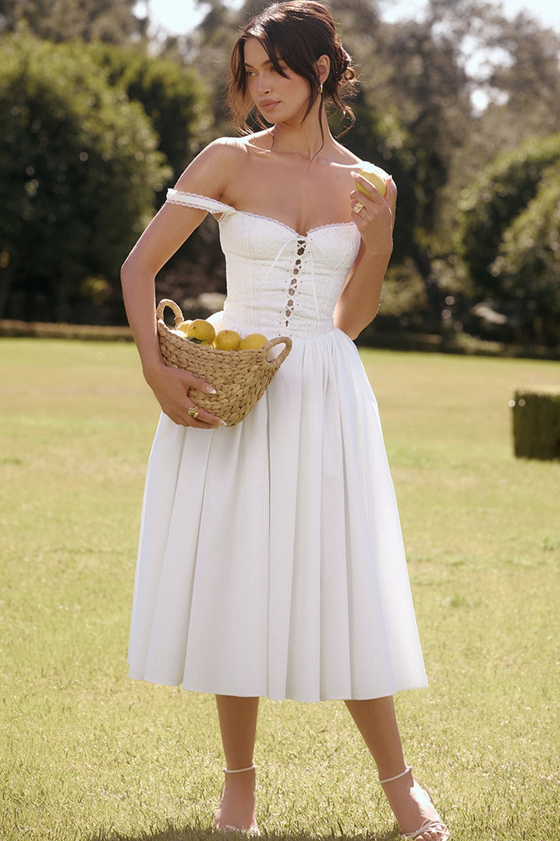 White Lace Spaghetti Strap Midi Dress - View 3
