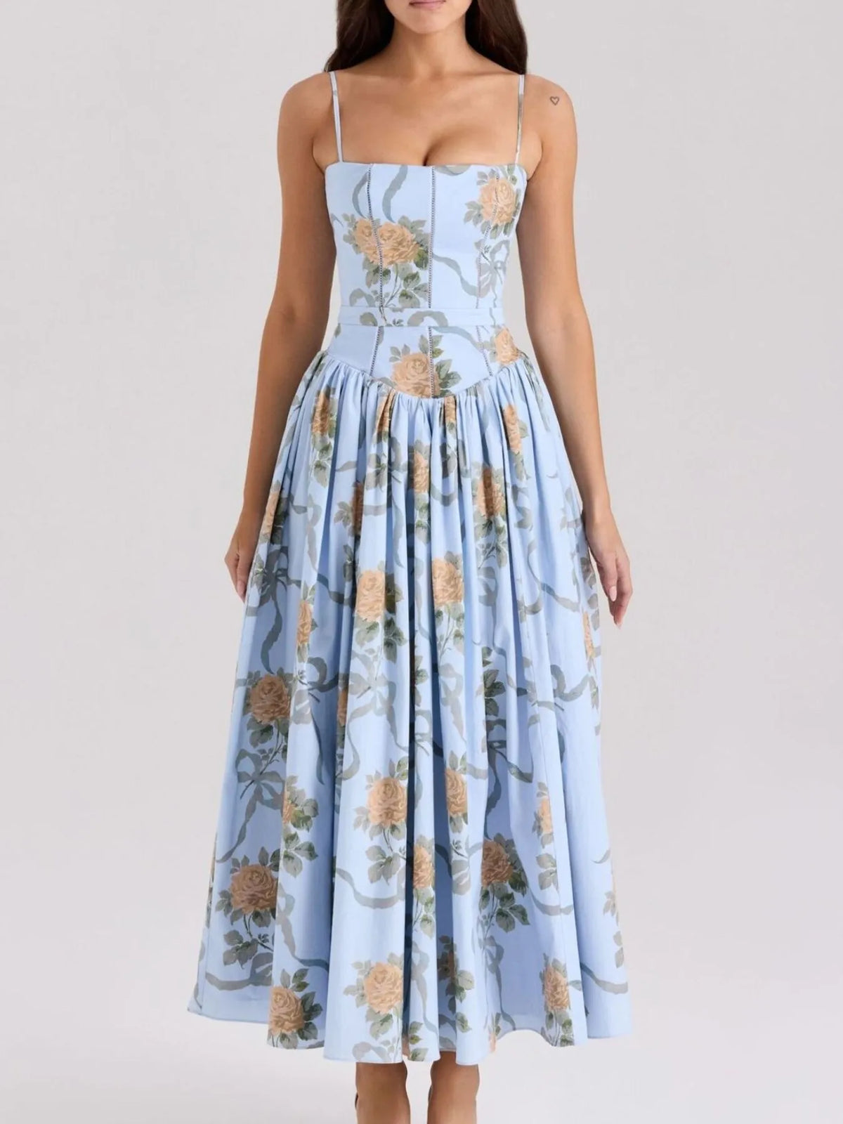 Floral Ribbon Print Corset Bodice Cami Pleated Midi Dress