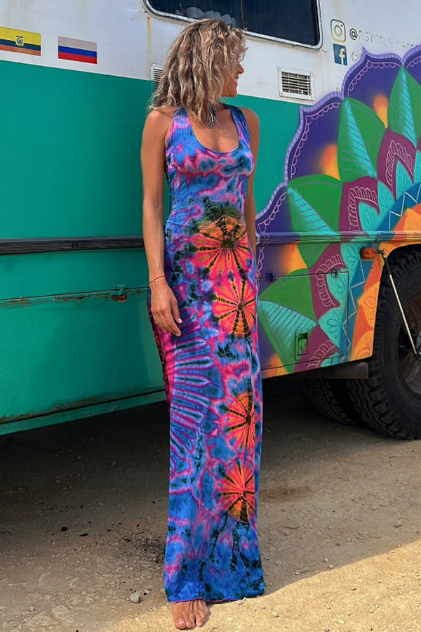 La Bamba Tie-dye Print Back Lace-up Stretch Maxi Dress - View 4