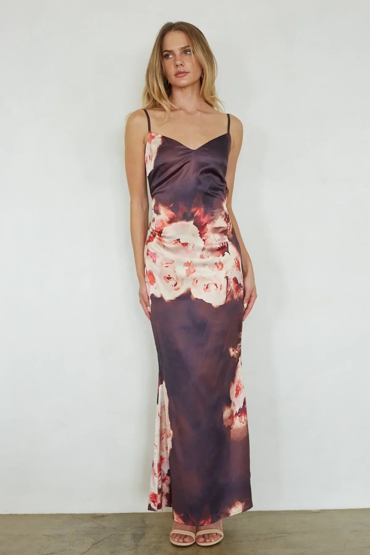 Satin Floral Print V-Neck Cami Bias Cut Maxi Dress