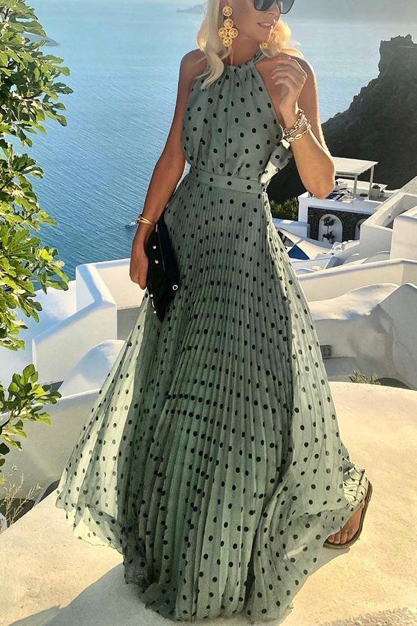 Polka Dot Halter Neck Sleeveless Pleated Belted Maxi Dress