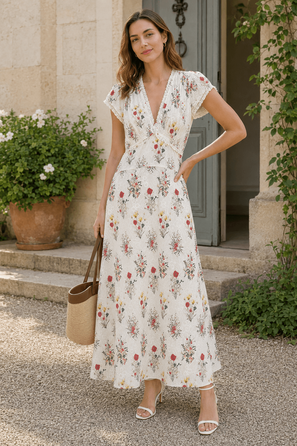 Elegant V Neck Embroidery Waist Long Floral Dress