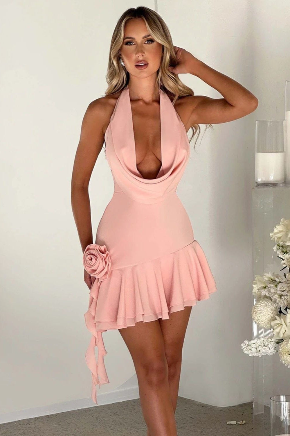 Cowl Neck Halter Rosette Ruffle Hem Backless Mini Dress 2