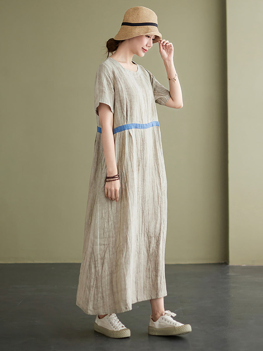 Textured Round Neck Short Sleeve Loose A-Line Maxi Dress