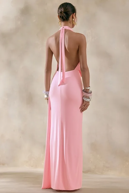 Halter Cowl Neck Ruched High Split Maxi Dress
