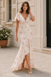 Mermaid V Neck Lace Panel Slim Long Floral Dress