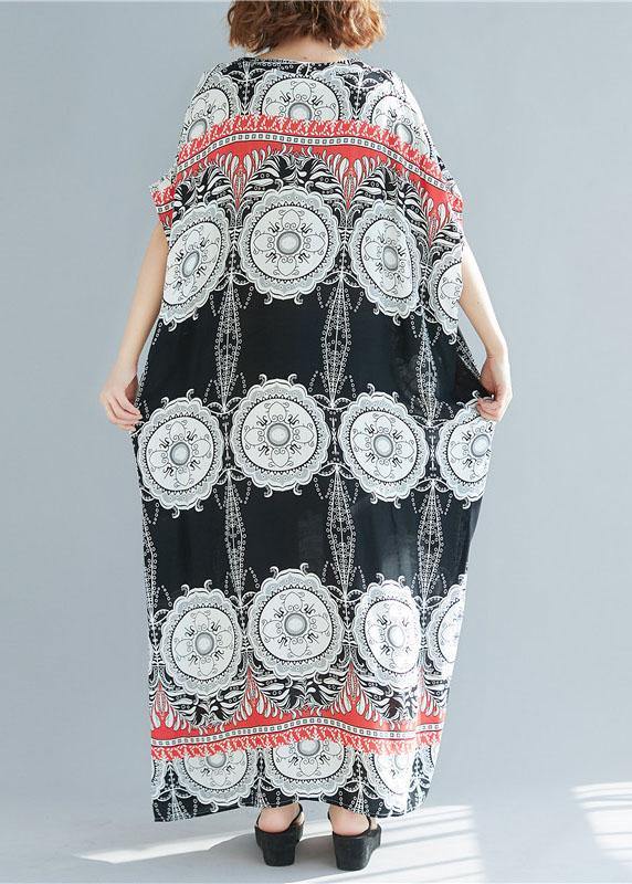 Mandala Medallion Print V-Neck Batwing Sleeve Border Trim Oversized Maxi Dress