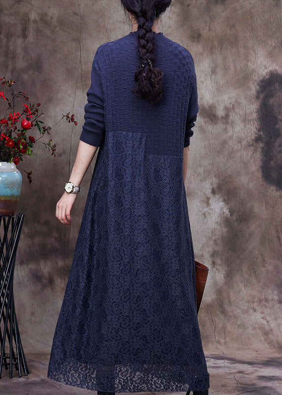 Mock Neck Knit Bodice Lace Skirt Asymmetric Seam Maxi Dress