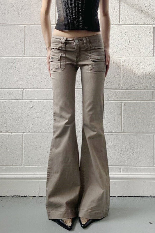 Low Rise Flap Pocket Slim Fit Flare Leg Cargo Pants
