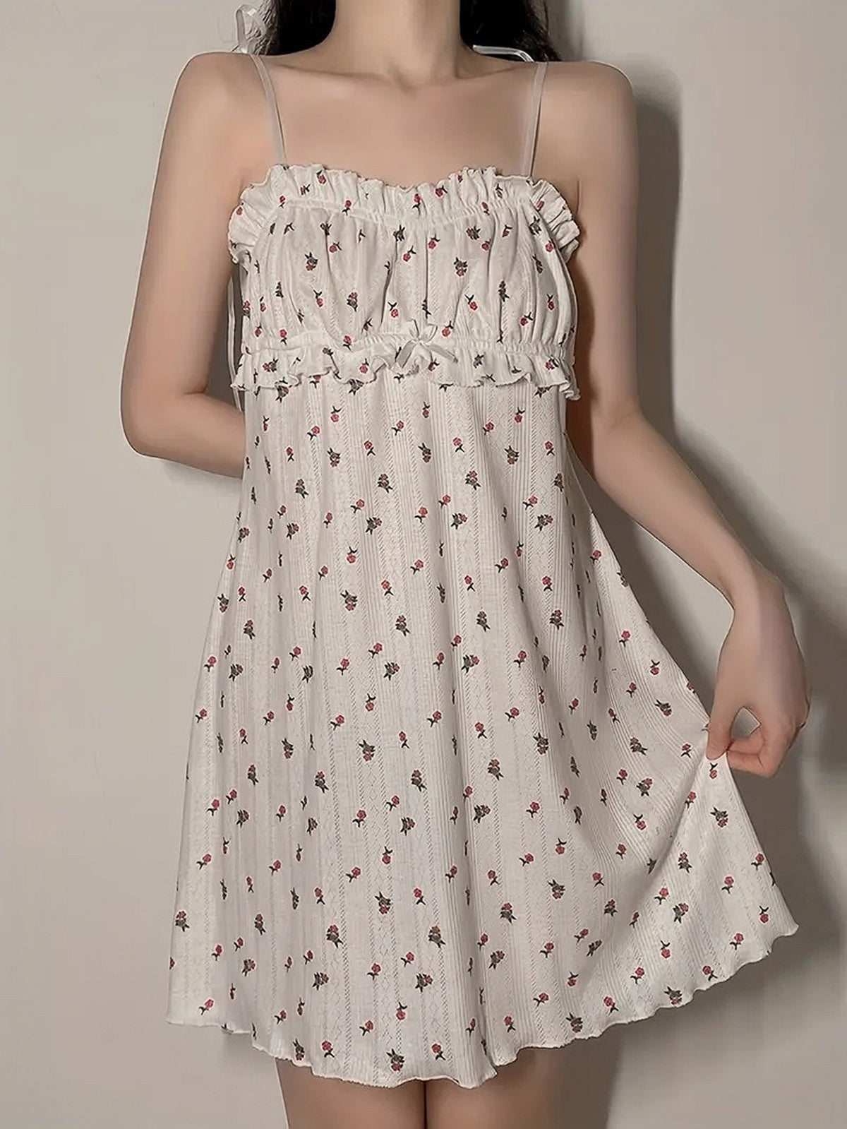 Ditsy Floral Spaghetti Strap Frill Trim Lettuce Hem Mini Dress 6