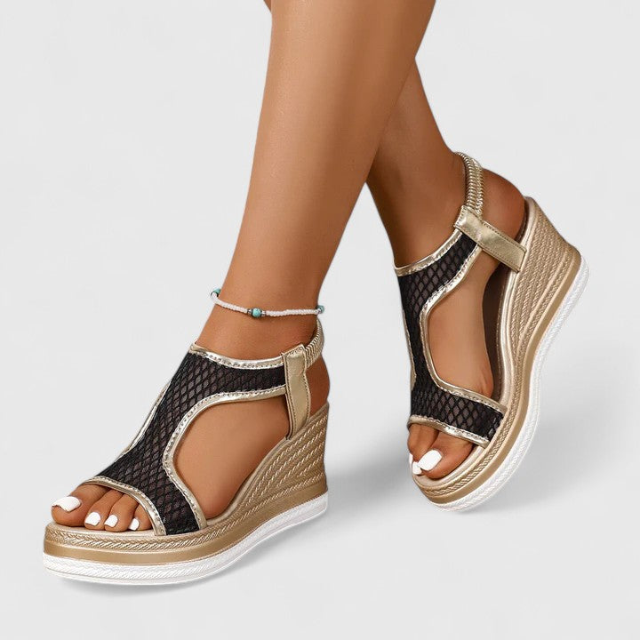 Open Toe Fishnet Mesh Platform Wedge Sandals
