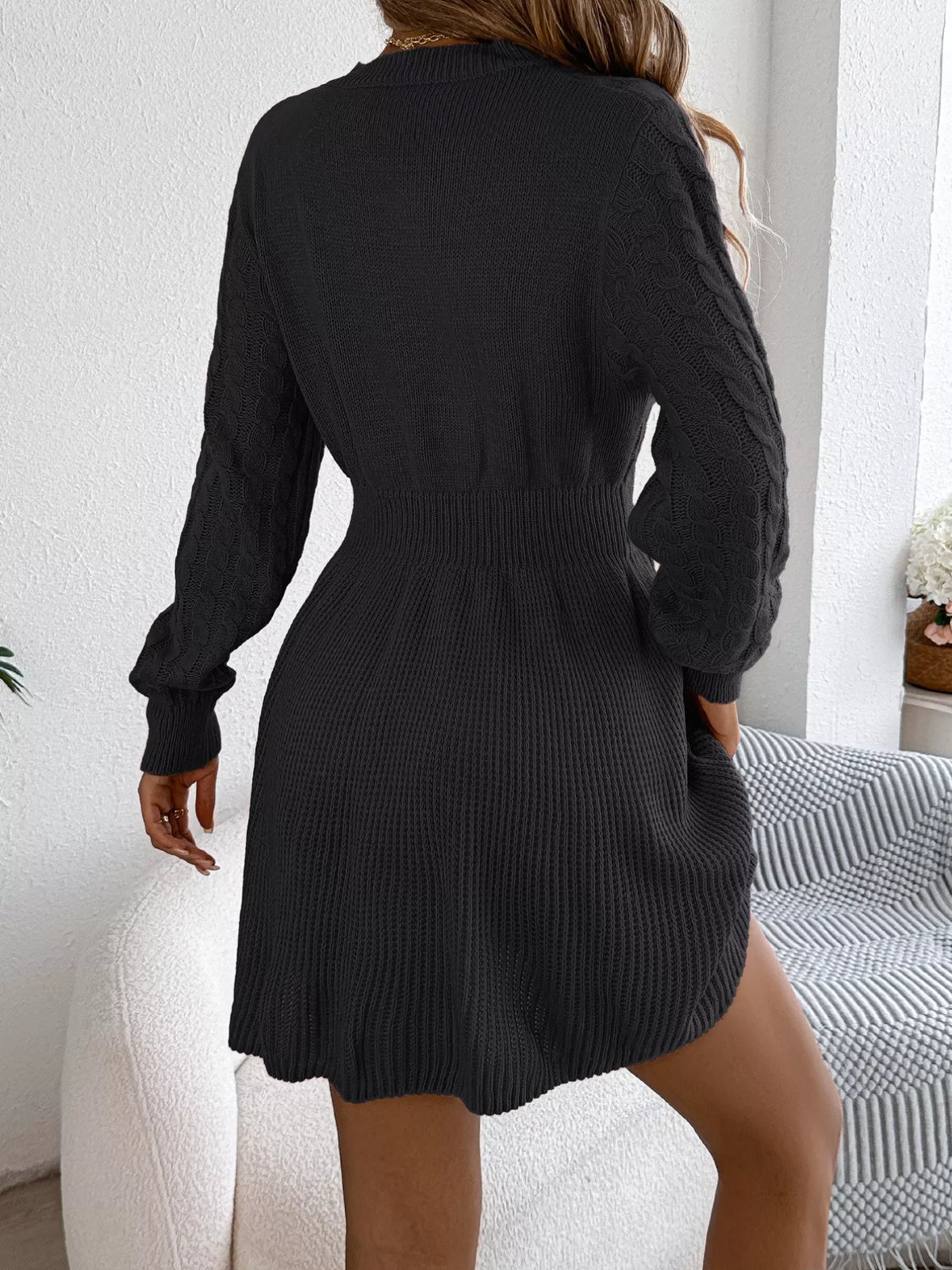 Cable Knit Crew Neck Long Sleeve Fit and Flare Sweater Mini Dress 5