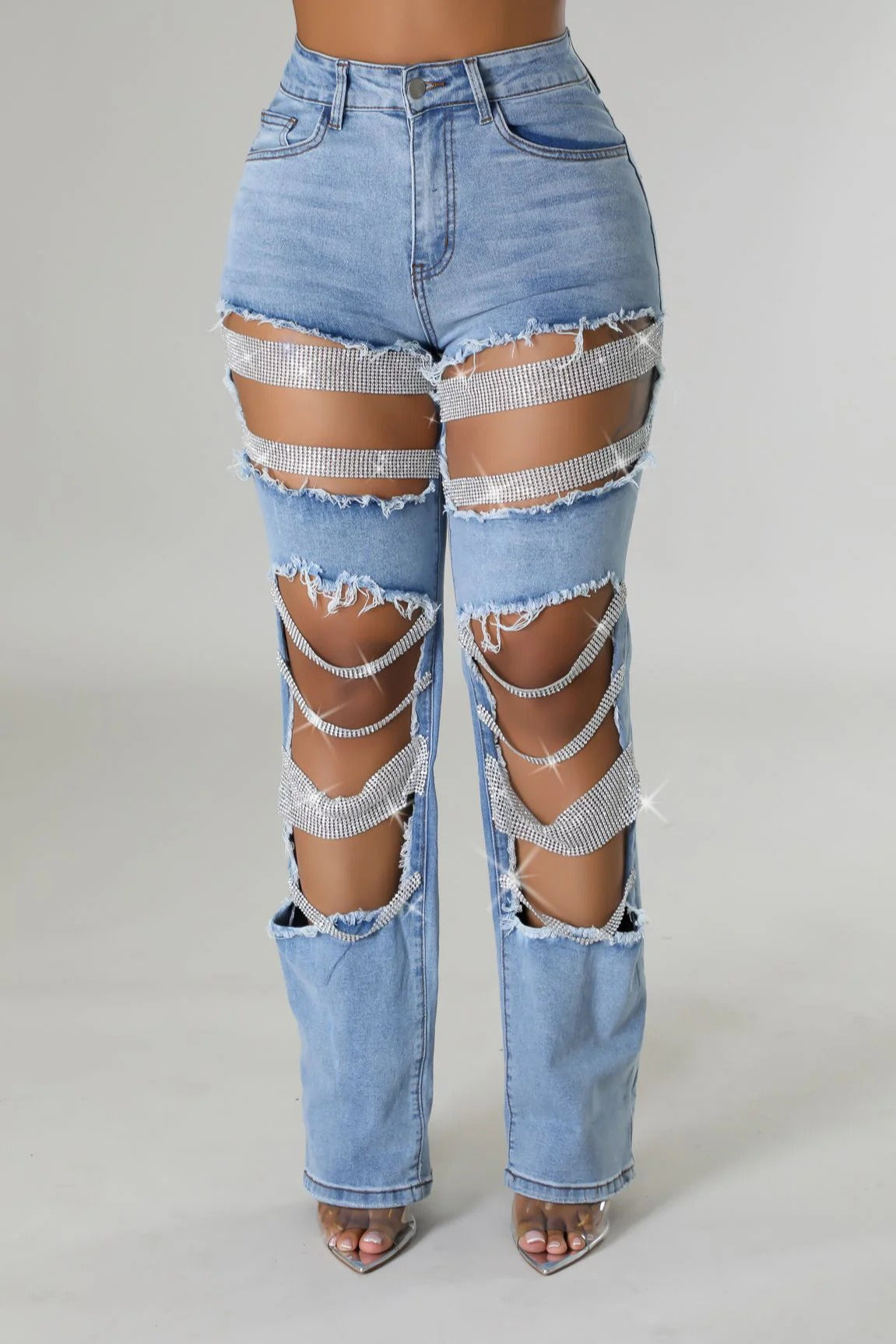 High Waist Ripped Cut Out Faux Pearl Chain Straight Leg Jeans 3