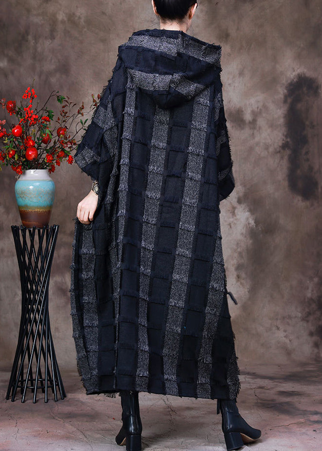 Hooded Patchwork Frayed Edge Pocket Drop Shoulder Long Sleeve Maxi Dress