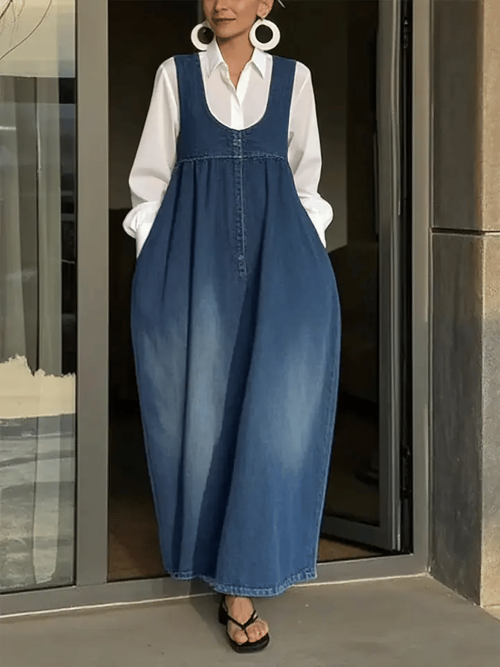 Scoop Neck Sleeveless Denim Pinafore Maxi Dress