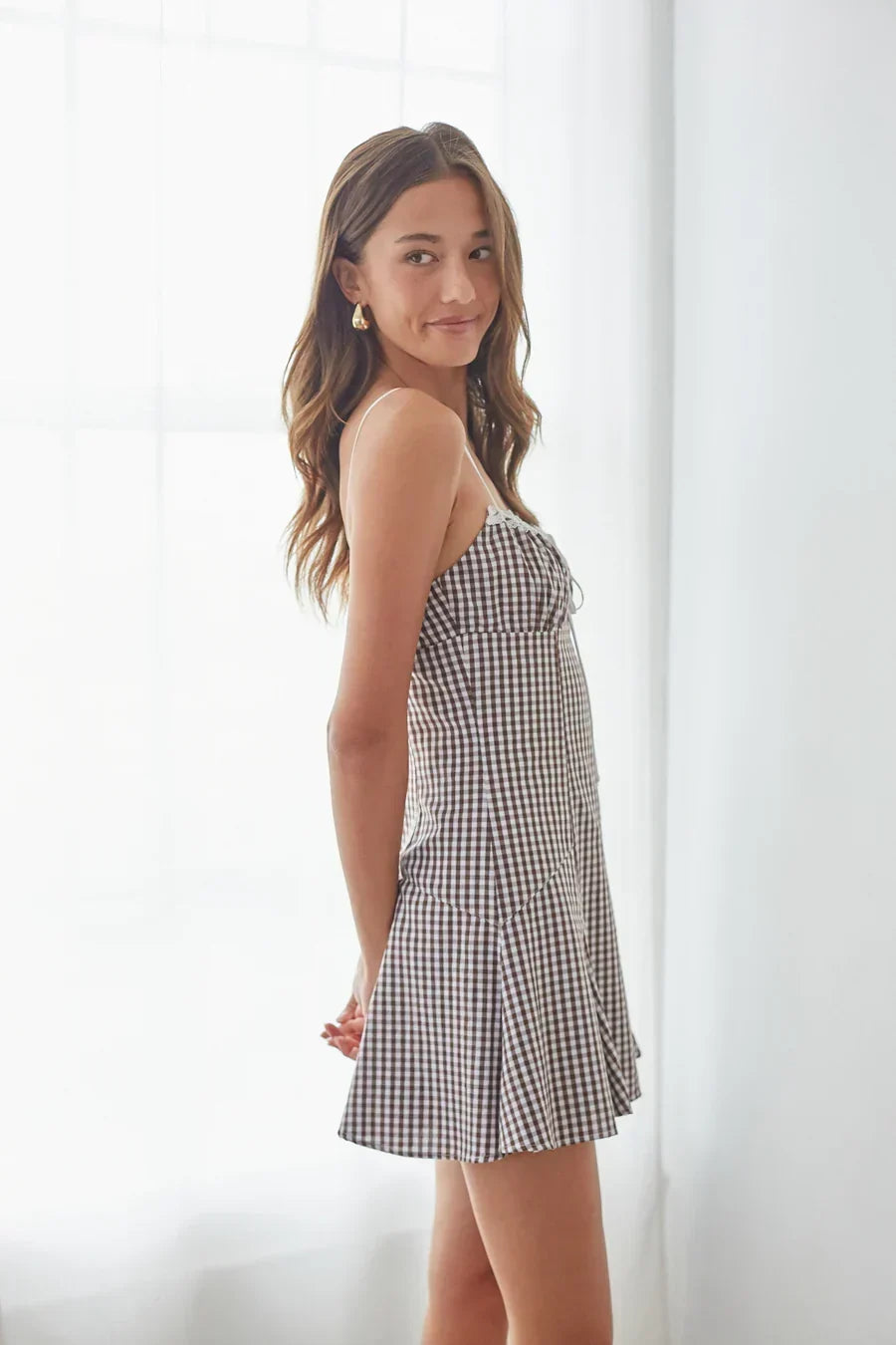 Gingham Lace Trim Tie Front Cami Fit and Flare Mini Dress 8