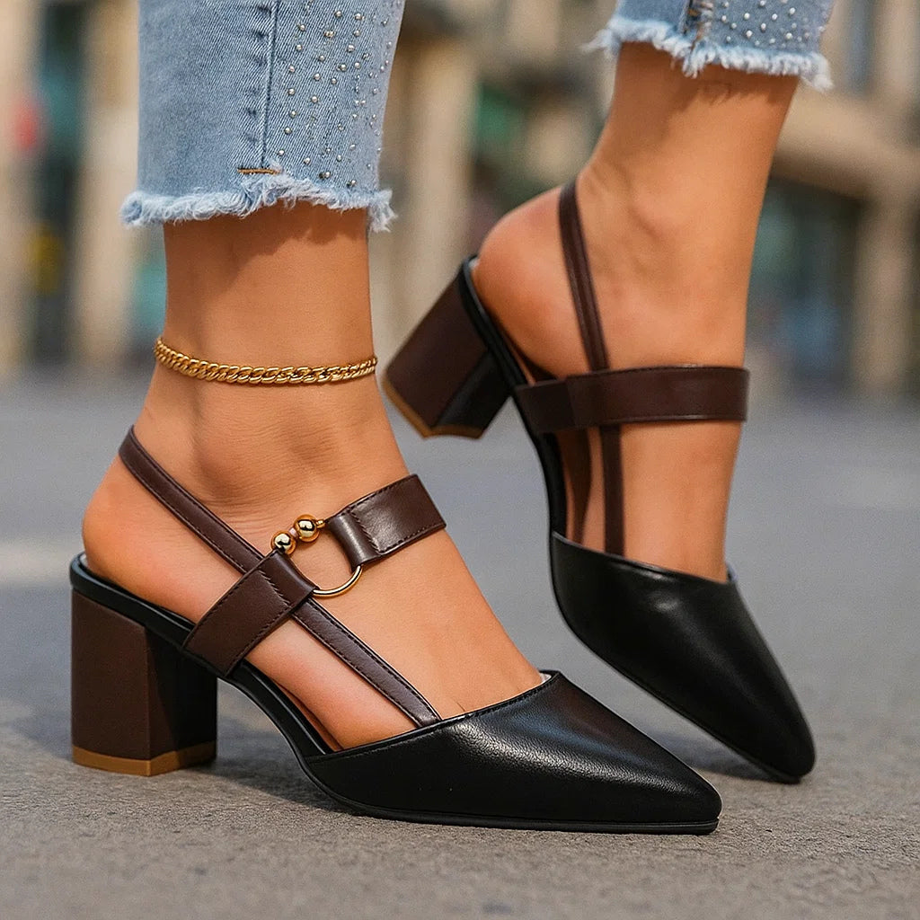 Pointed Toe Buckle Slingback Block Heel Pumps