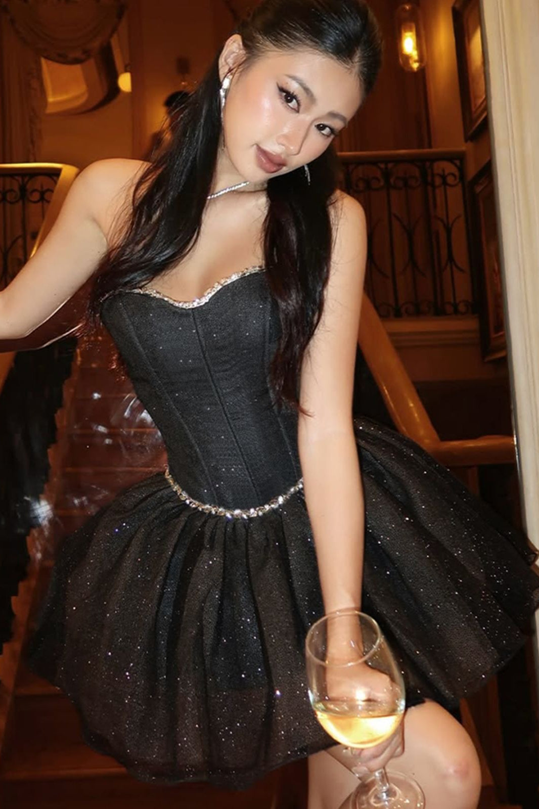 Strapless Sweetheart Corset Rhinestone Tulle Puffball Mini Dress
