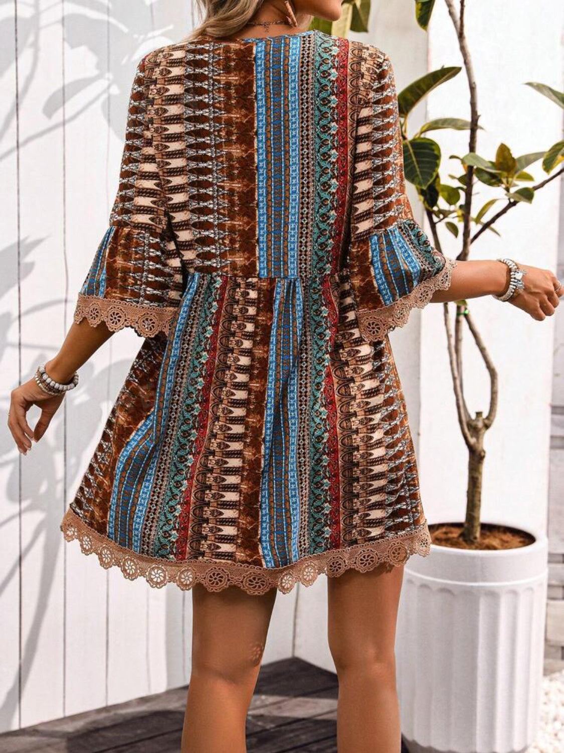 Boho Print Deep V-Neck Lace Trim Mini Dress 14