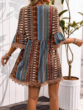 Boho Print Deep V-Neck Lace Trim Mini Dress 14