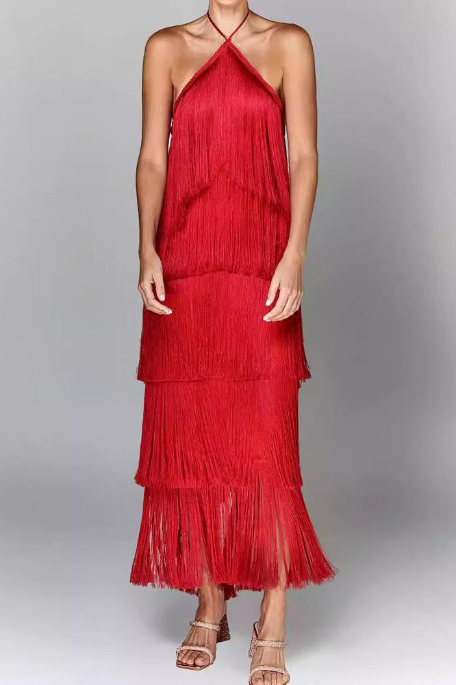 Chic Halter Fringe Backless Slit Cocktail Dress 6