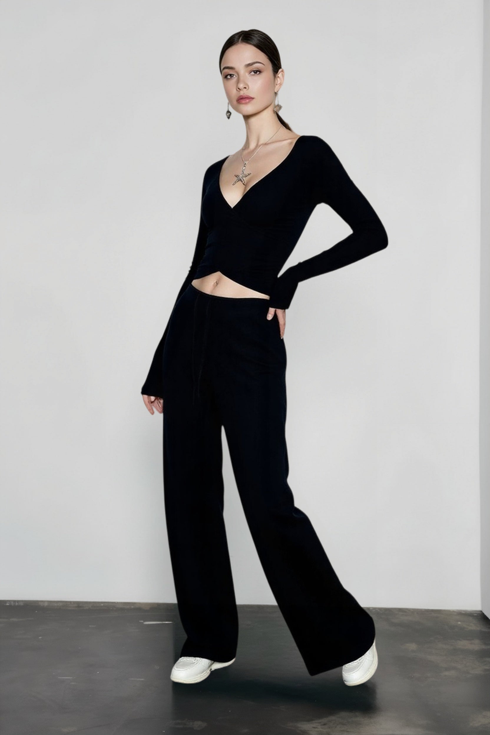 V Neck Tie Waist Two-Piece Set