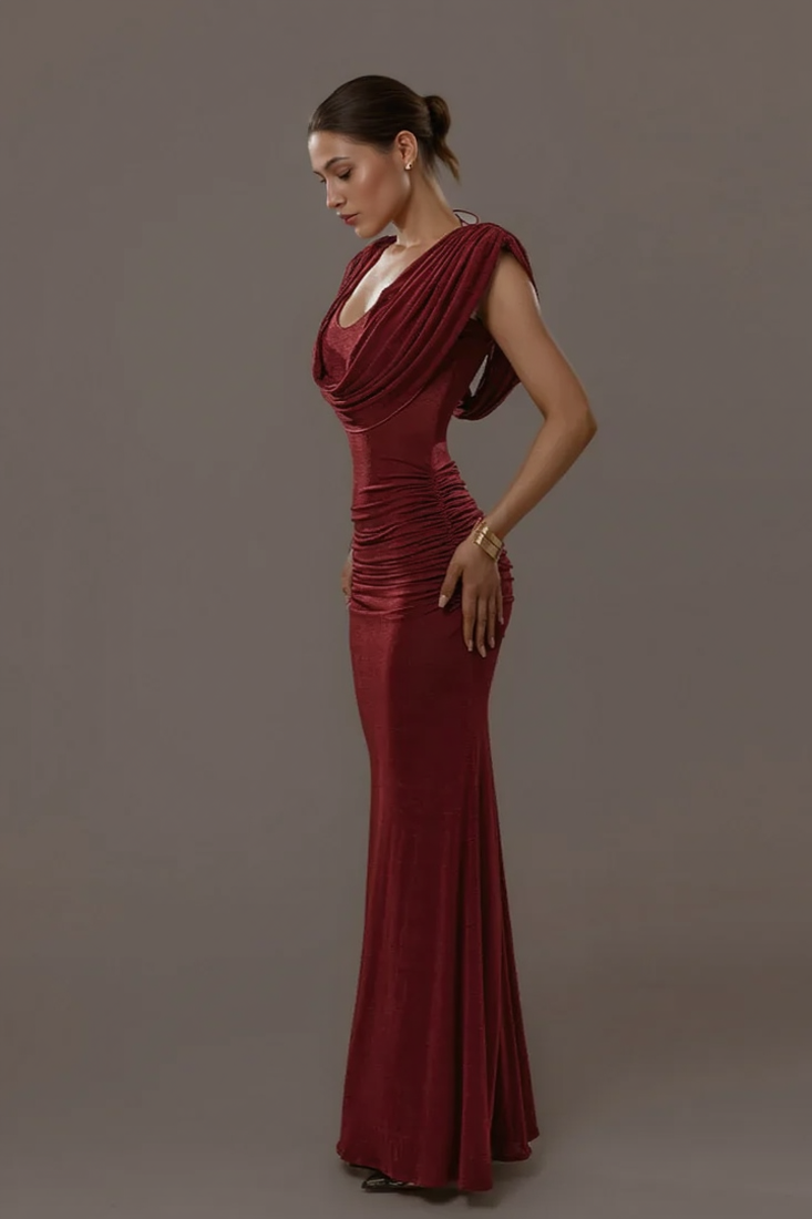 Solid Cowl Neck Ruched Waist Cinch Party Dress 6