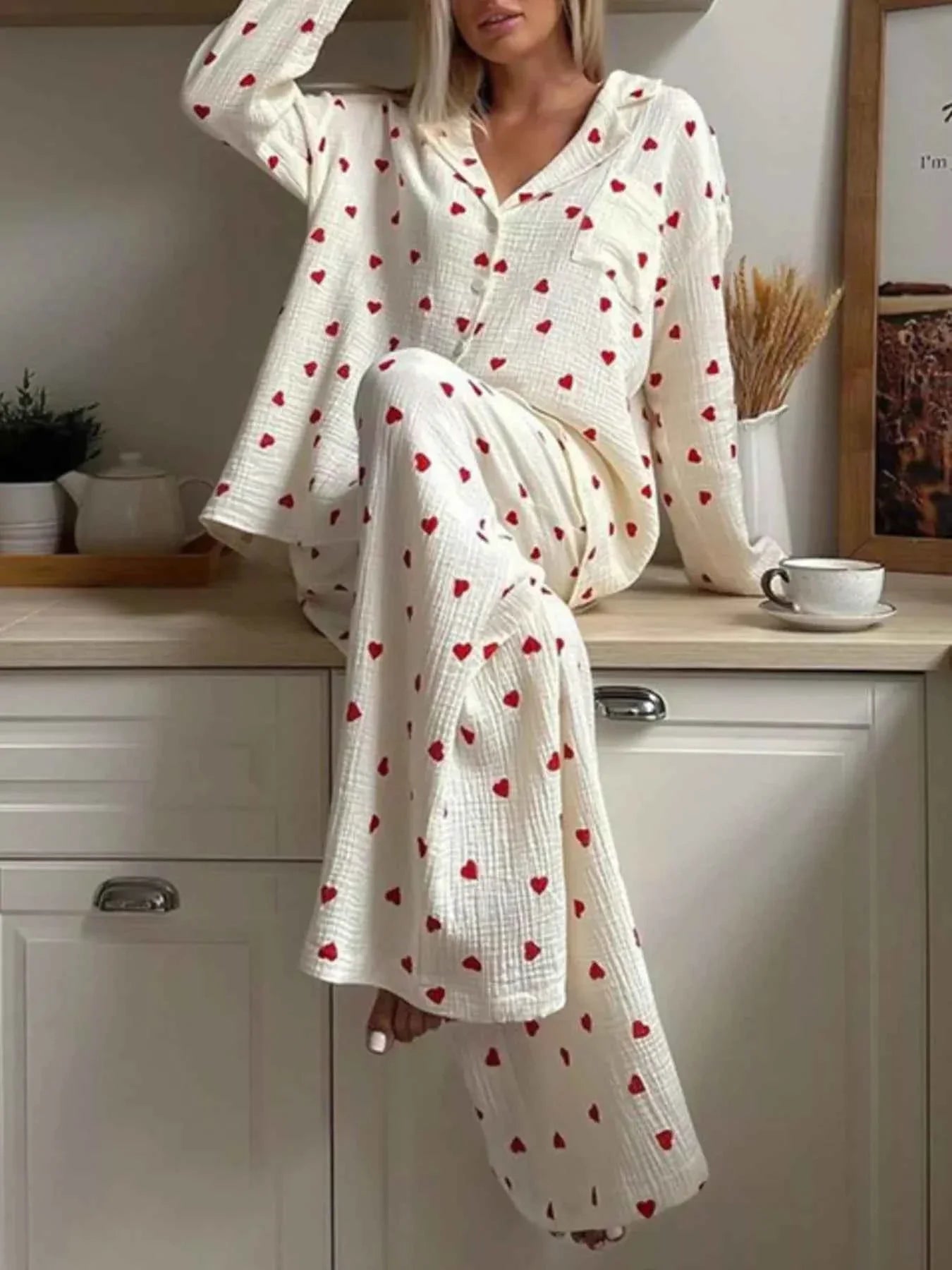Heart Print Long Sleeve Top and Pants Lounge Set